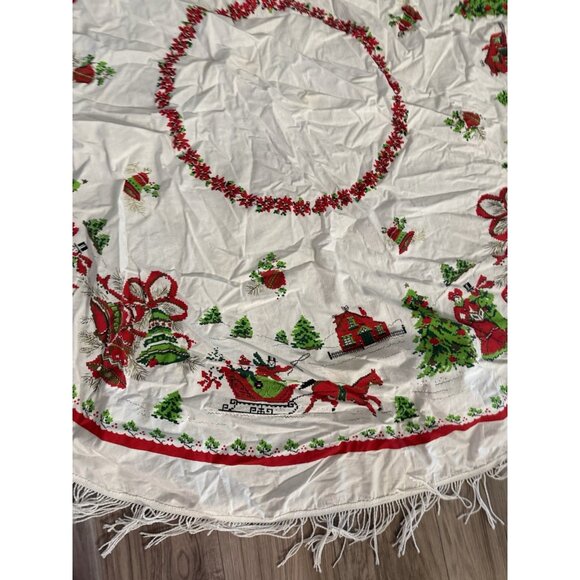 VTG MCM Christmas Tablecloth Round Fringed Santa Trees Bells Holiday Table Read - Picture 5 of 12